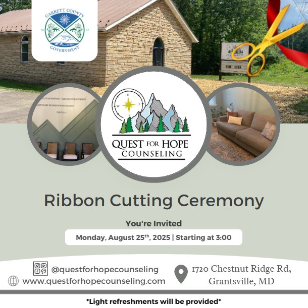 Todays Business Spotlight 🎉is on Quest for Hope Counseling. Join us today at 3:00 for their Ribbon Cutting Ceremony! 
Quest for Hope Counseling is professional faith-based counseling in Western MD, serving individuals, couples, and families. Learn more about them at www.questforhopecounseling.com
Follow us to see more daily Garrett County Business Spotlights!
If you are interested in having your business featured contact Connor Norman at cnorman@garrettcountymd.gov. #businessdevelopment #garrettcountymd